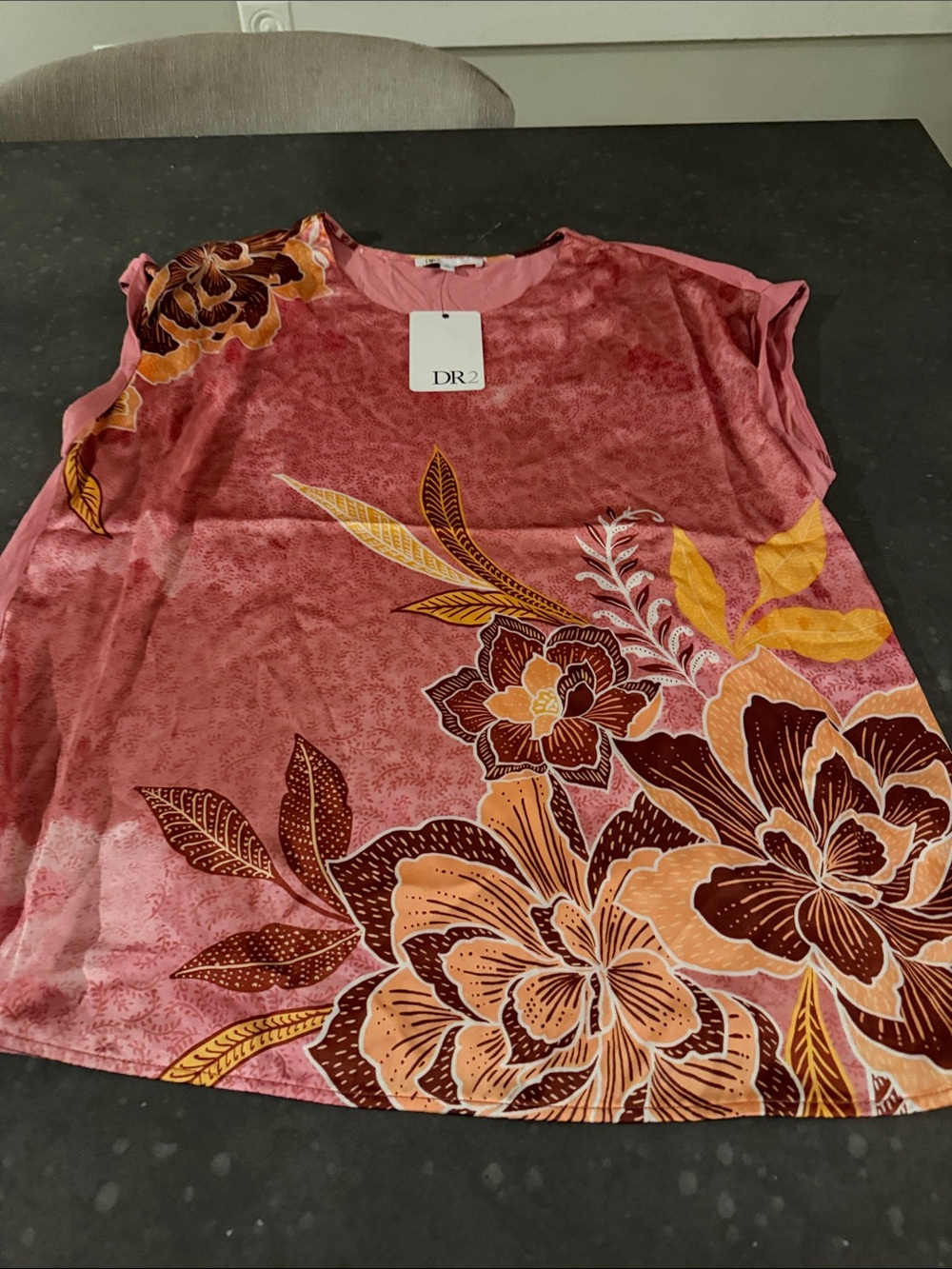 DR2 Rose Pink Floral Short Sleeve Top with Mustard Accents